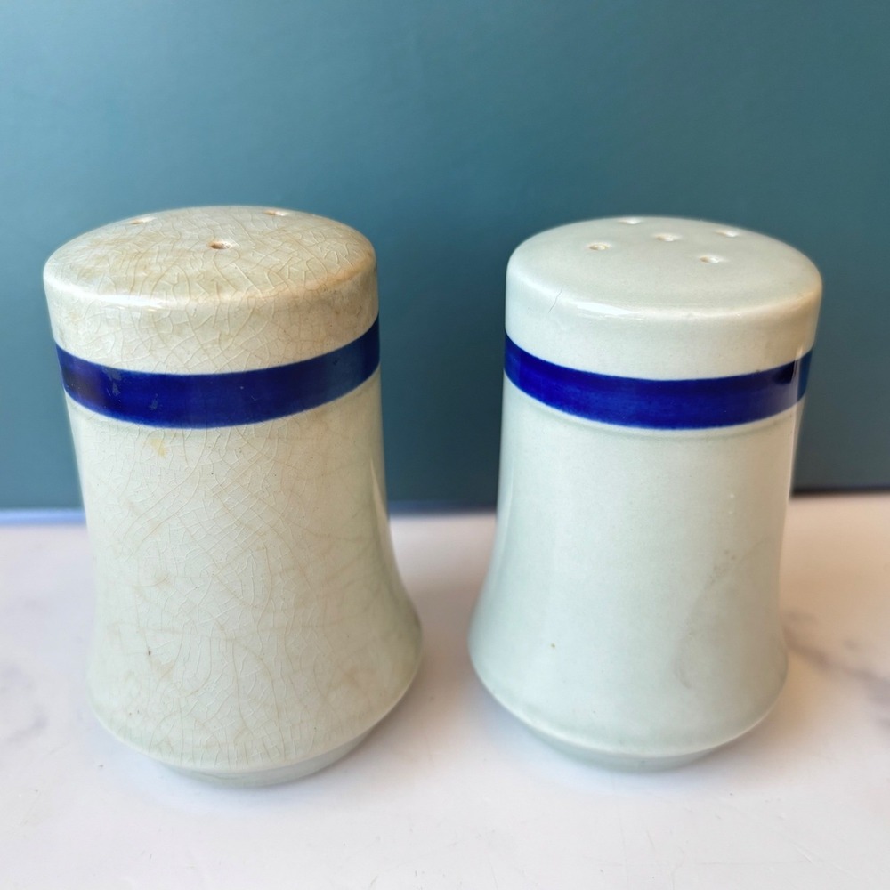 Vintage Blue Banded Ceramic Salt and Pepper Shakers Farmhouse Stoneware Set